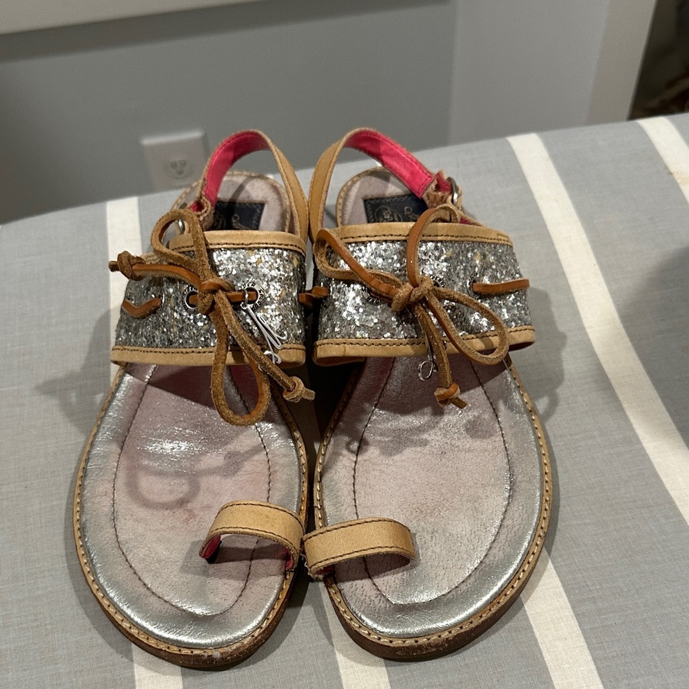 Milly for Sperry Topsider Glitter Strap Sandals with Tan Leather Trim